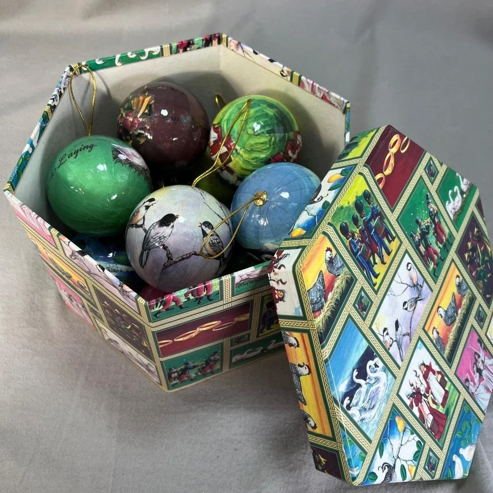 12 Days of Christmas Vintage Decoupage Ornament Set with Storage Box Complete